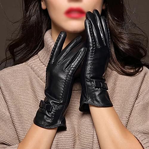 n/a Есенно-зимни дебели Топли дамски Кожени ръкавици с чувствителен на допир екран, дамски ръкавици с папийонка (Цвят: D, размер: код L)