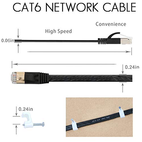 Кабел Cat 6 Ethernet 100-подножието Плоски интернет-мрежови кабели с кабелни скоби Cat6 Ethernet Patch Кабел с rj-45 жак без довършителни Черно Компютърен мрежов кабел (100 фута)...