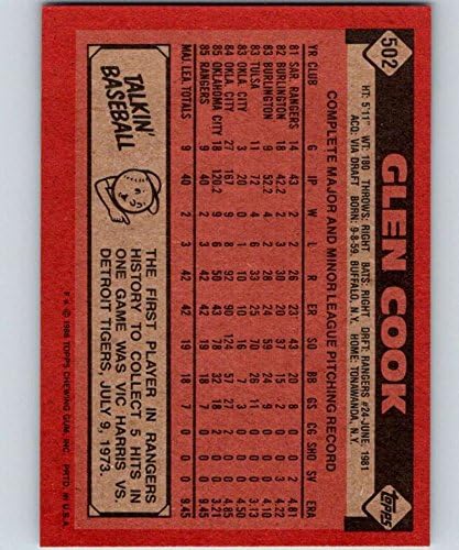 1986 Topps Baseball 502 Глен Кук RC Начинаещ Тексас Рейнджърс Официалната търговска картичка MLB (използва се снимка, с канализация, гаранция NM или по-добър)