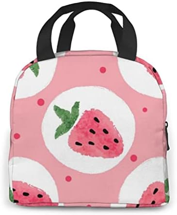 SEIJY Сладко чанта за обяд с ягодов принтом, дамски Преносима кутия за обяд, Изолирано чанта за обяд за момичета, Термосумки за пикник, чанти за обяд (Цвят: розов, размер: 13x21x22 см)