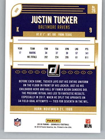 2018 Donruss Football #26 Джъстин Тъкър Балтимор Рейвънс Официалната търговска картичка NFL