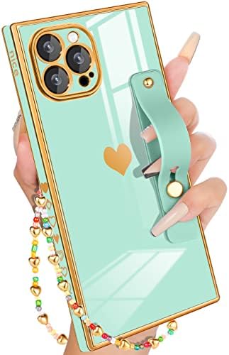 Миниатюрен Квадратен калъф за iPhone 13 Pro с Петлевидной стойка / Каишка, Луксозни Дизайнерски Калъфи с Квадратна ръба на формата на Сърце с Покритие покритие за 13 Pro, Сиво-синьо