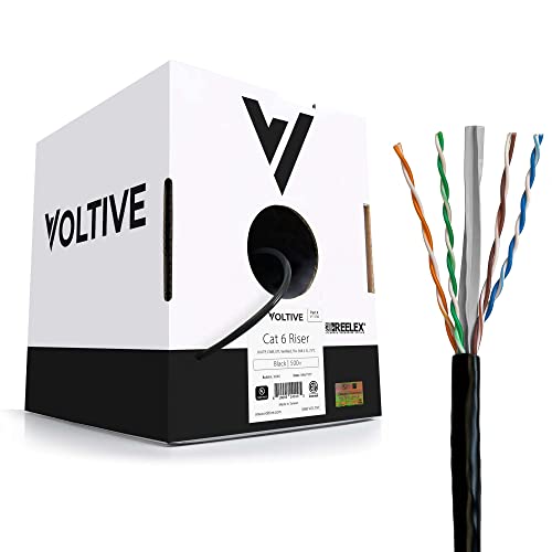 Voltive Странично Cat6 (CMR), 500 метра, на Черно - Плътен Меден оптичен кабел Ethernet UTP - 600 Mhz - Сертифициран от UL и ETL