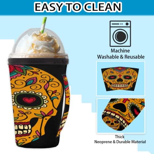Мексикански захарен череп многократна употреба Кафе ръкав С лед с дръжка От Неопрен За Напитки, кафе лате, Чай, Напитки, Бира (18-32 унция)