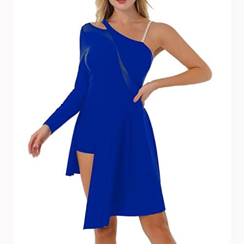 SJYDQ Женствена рокля-трика от прозрачна мрежа в стил Мозайка с едно рамо, Рокля за по кънки, Асиметричен подгъва с цепка, Танцови (Цвят: кралско синьо, Размер: код L)