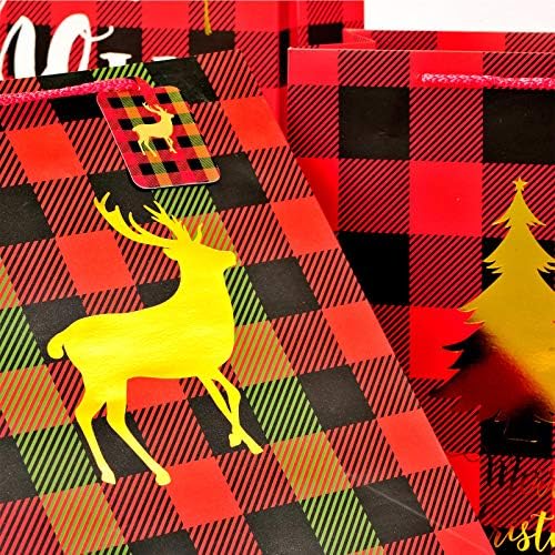 Пакети за коледни подаръци, 4 Опаковане на Подарък за опаковане на пакети с Коледна елха и Лосем, Подаръчни комплекти със среден Малка пощенска картичка, Пакети за подарък опаковки с дръжки, Бронзови Подаръчни комплекти