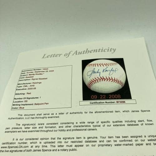 Чудесна Санди Куфакс С Автограф от Официалния Представител на Мейджър Лийг Бейзбол JSA COA - Бейзболни Топки С Автографи