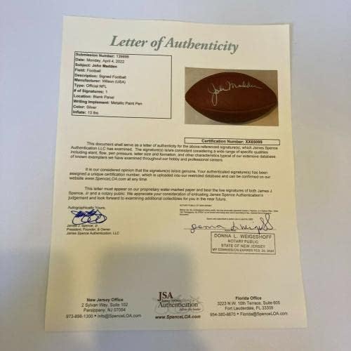 Джон Мадън е Подписал Официален договор Wilson NFL Football Game с Автограф от JSA COA - Футболни топки с Автографи