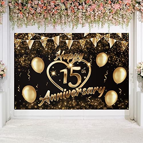 5665 Фон с 15–Годишнината, Банер, Декор, Черно Злато, Блестящо Сърцето си за Любовта, Щастливата 15-та Годишнина от Сватба, Тематични Украси за Партита за Жени, Мъжки Аксесоари