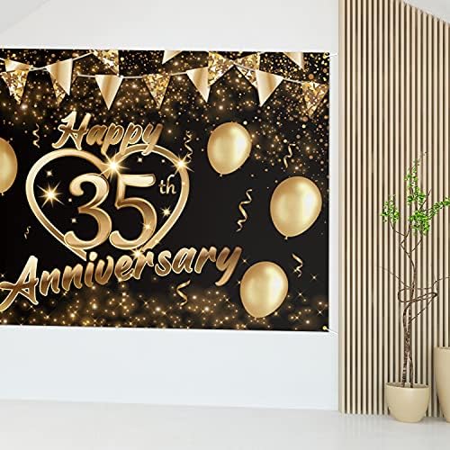 Честит 35–ата Юбилейна Фон Банер Декор на Черно Злато - Блестящо Сърце на Любовта Щастливи 35 Години Годишнина от Сватбата Тематични Украси за Партита за Жени, Мъжки Аксесоари