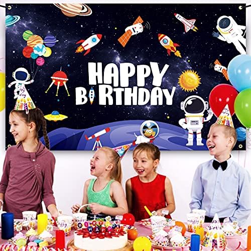 Космически Фон честит Рожден Ден Банер Галактика Планета Астронавт Ракета Снимка Фон Украса Космически Украса за Парти по случай рождения Ден на Аксесоари за Момчета Децата 73 × 45 См