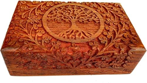 GURU JEE Дървени Индийски Ковчег е Ръчна изработка с Дърворезба Дървото на живота, Ковчег-Ключодържател, Wooden Органайзер За Бижута Кутия За спомен, Идеални Подаръци За жени 8x5x2,5 инча